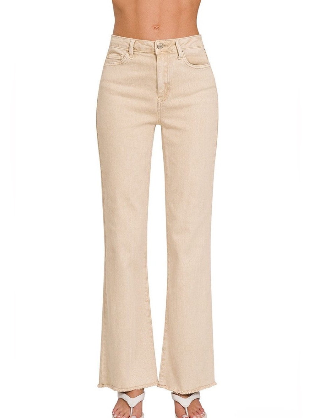 NWT Zenana Size XL Ash Mocha Wide Leg Acid Washed Frayed Hem Jean Cotton-Spandex